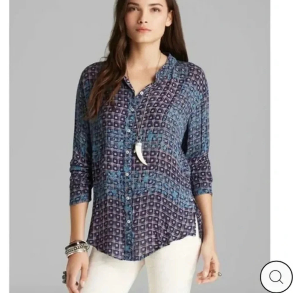 Free People Caravan Printed Blue Shirt Size XS EUC